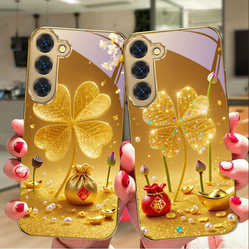 Phone Cases Galaxy S25 - Riesiger goldener Kleeblatt-Handyhülle aus Glas für