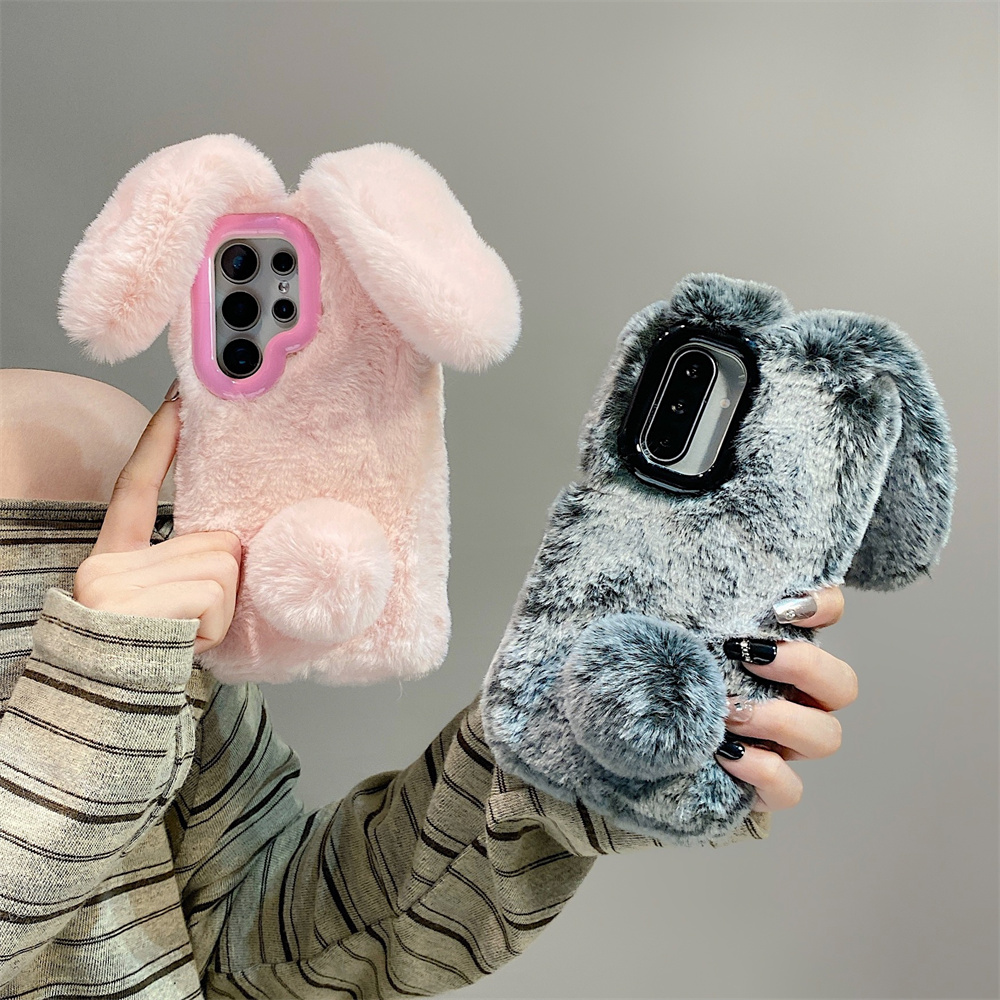 Phone Cases That Cover The Camera - Niedliche Hasenohren-Handyhülle mit flauschigem Ständer für